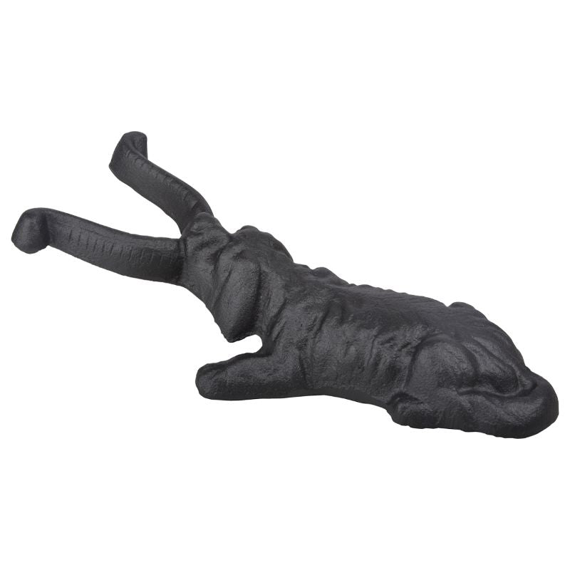 Playful dog boot puller with horseshoe design, crafted from durable cast iron for easy boot removal and charming decor.