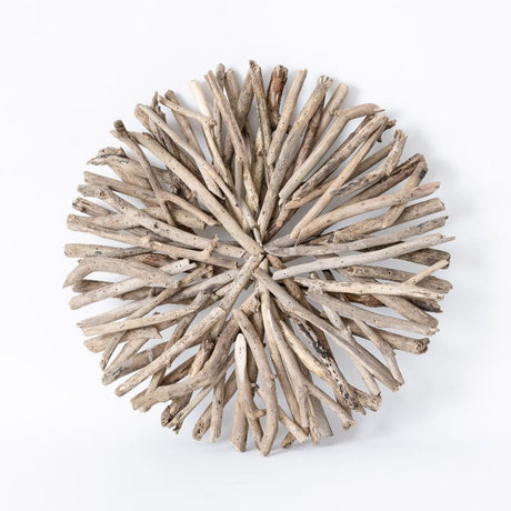 Elegant 60cm driftwood hanging circle, handcrafted from reclaimed wood, adding coastal charm to any decor.