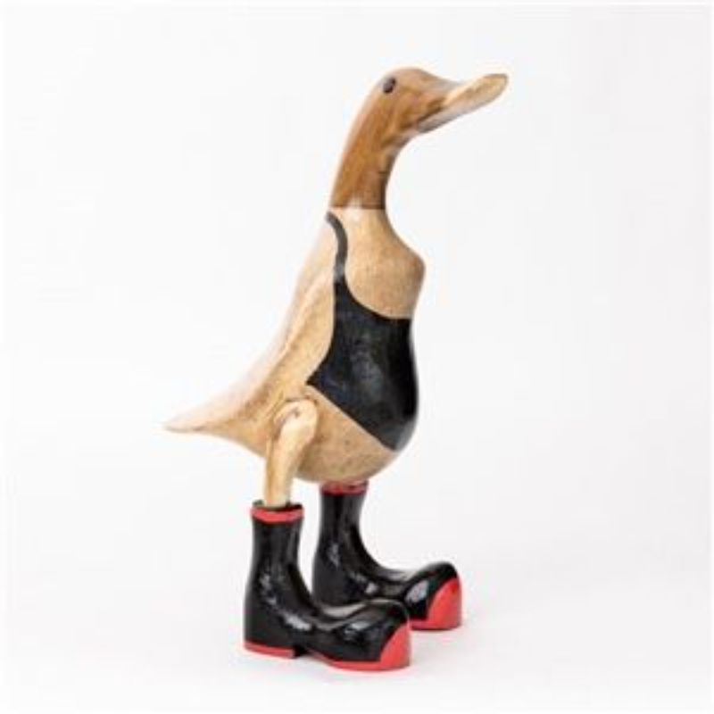 Set of 3 handcrafted wooden ducks in black singlets and boots, perfect for adding playful Kiwi charm to any decor.