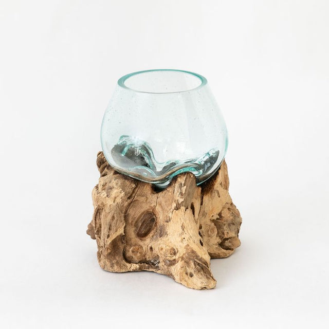 Hand-blown 12cm art glass vase on reclaimed teak root, perfect for decor or as a unique terrarium.