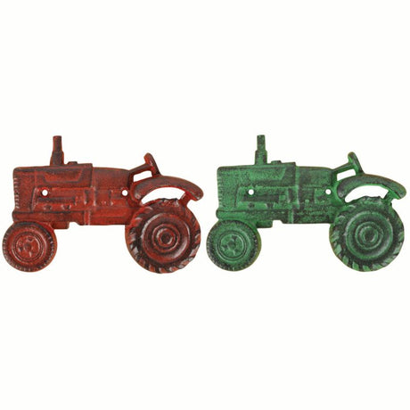 Rustic cast iron tractor bottle openers in red and blue, perfect for kitchens and bars, measuring 20cm each.