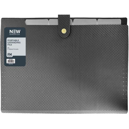 FM Portable Expanding File A4 Gunmetal Black 5 Pocket