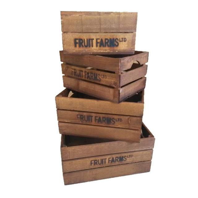 Set of 4 vintage-style wooden crates in Fruit Brown, perfect for stylish storage and decor in any home or garden.