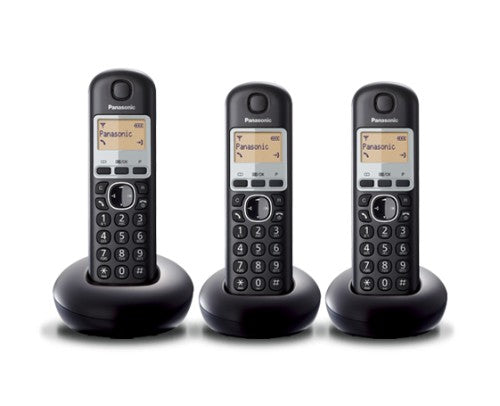 Panasonic Triple Handsets: sleek cordless phones with three ergonomic designs, easy-to-read screens, and extensive contact features.