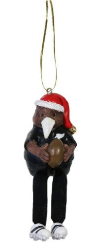 Joyful polyresin Christmas ornament featuring a Kiwi rugby player, perfect for festive decor and sports enthusiasts.