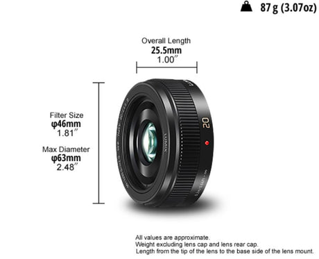 Compact Panasonic Lumix G 20mm F1.7 ASPH lens for stunning low-light photography and beautiful depth of field.