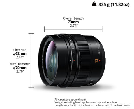 Panasonic Lumix DG Summilux 12mm F1.4 lens, compact and lightweight, ideal for low-light and landscape photography.