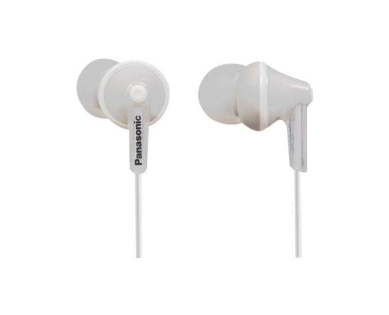 Panasonic Stereo Inside Earphones in white featuring Ergo Fit design, 1.1m cord, and customizable soft earpads for comfort.