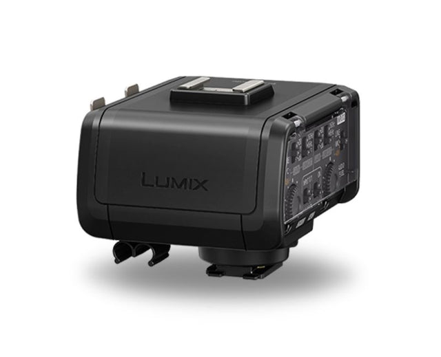 Panasonic XLR mic adapter for GH5, featuring physical switches, hi-res sound compatibility, and camera-powered design.