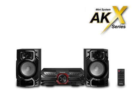 Panasonic Mini System SC-AKX320GNK with 450W RMS, Bluetooth, CD player, dual USB, and three-way speaker setup for powerful sound.