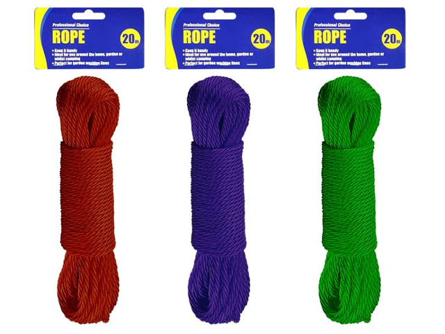 All Purpose Rope - 20m: 12 assorted units in various colors, perfect for camping, securing items, and DIY tasks.