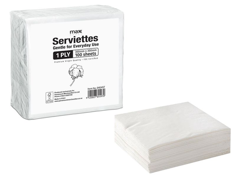 Serviettes - Max Brand White 1ply 300mm (24 Packs)