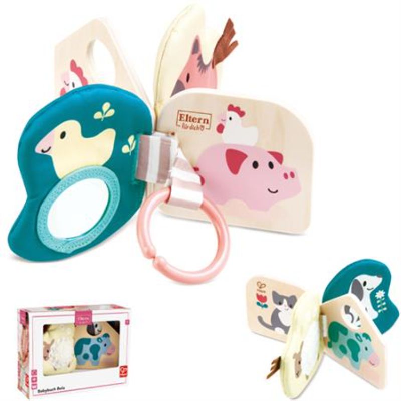 Colorful Hape Bella Baby Book with textures, mirrors, and crackling foil, easy to attach and washable.