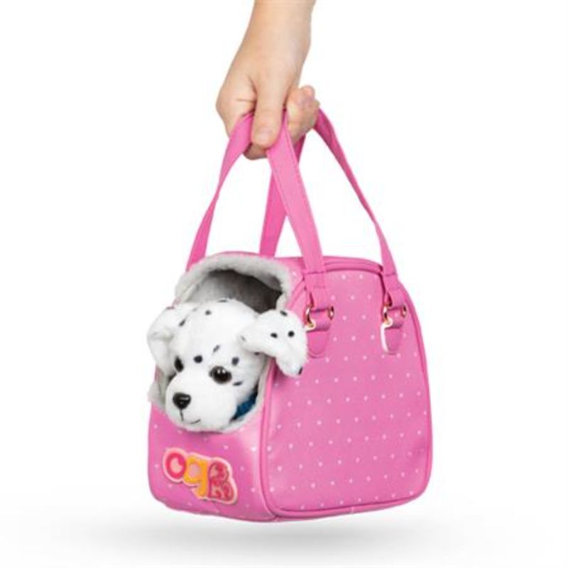 Dalmatian puppy in a stylish carrier, perfect for adventures with 18-inch dolls, includes leash and toy ball.