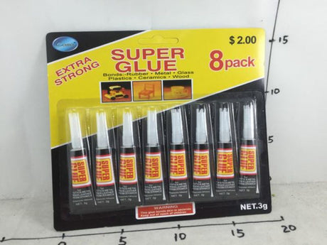 Extra Strong Super Glue packs featuring 8 tubes each for versatile repairs and crafting, ultra-strong and quick-drying.