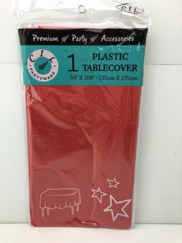 Set of 12 vibrant red plastic table covers, each 137 x 274cm, perfect for party decor and easy cleanup.