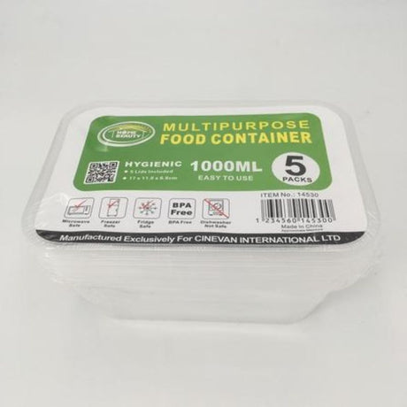 Plastic food containers: 1000ml capacity, 17CM size, 60 units, BPA-free, airtight lids for fresh storage, stackable design.
