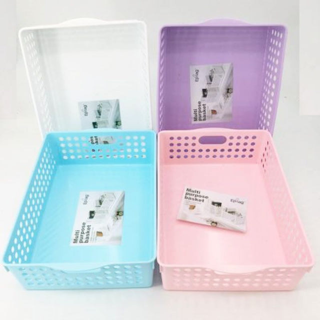 Colorful set of 12 lightweight plastic baskets, each measuring 21 x 30 x 8cm, ideal for versatile and stylish organization.