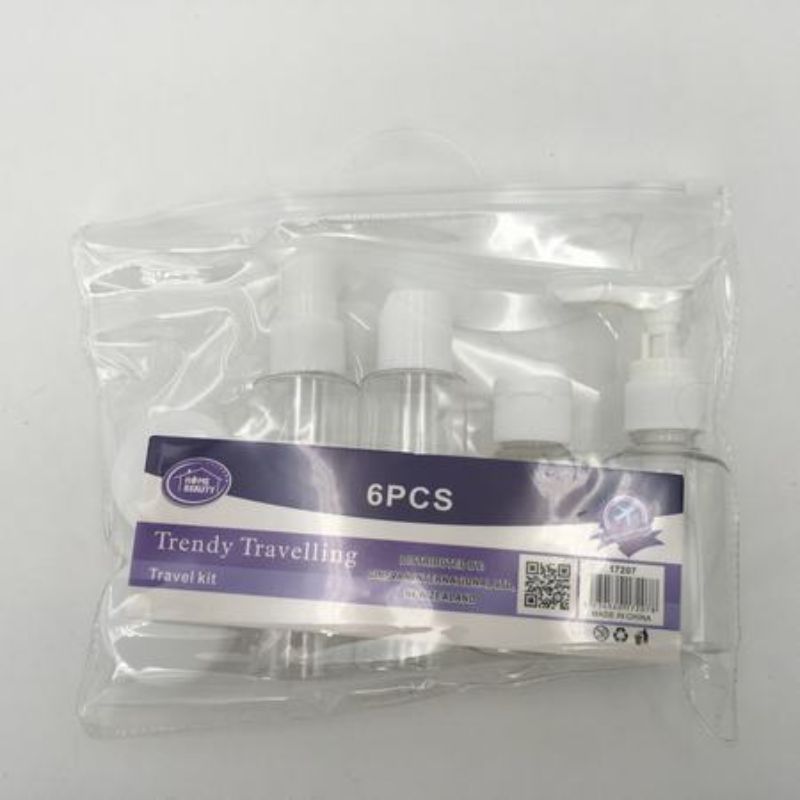 Set of 6 travel bottles, each 65ml, sold in 12 packs for convenient carrying of liquids.