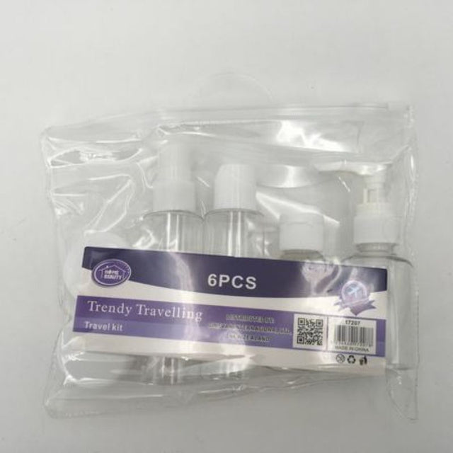 Set of 6 travel bottles, each 65ml, sold in 12 packs for convenient carrying of liquids.