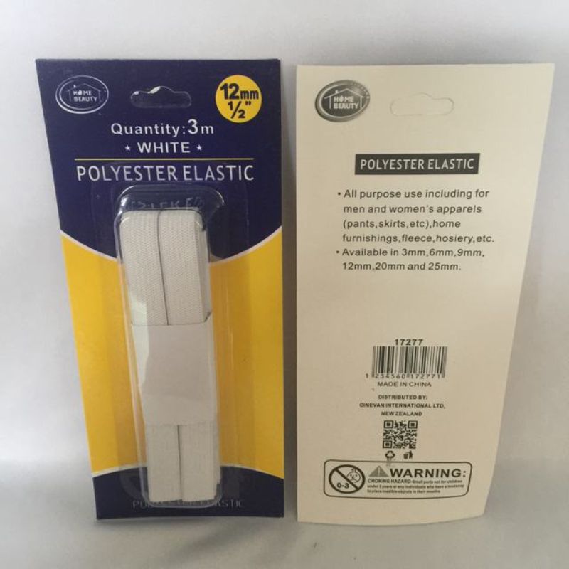 Durable white polyester elastic, 3m x 12mm, perfect for crafting and sewing projects, available in 12 packs.