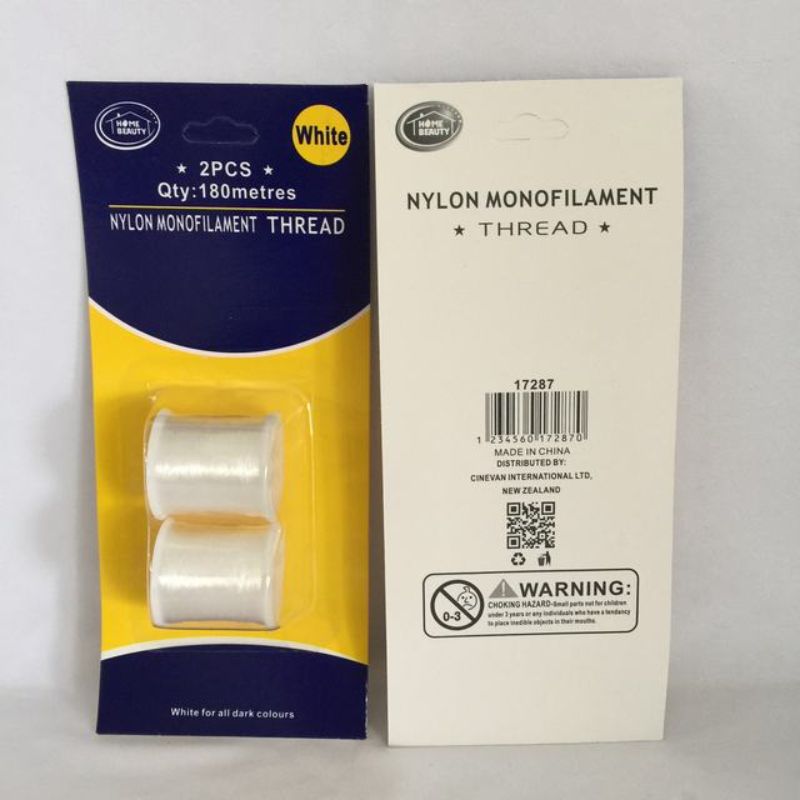 Nylon monofilament thread in white, 180m, 12 packs, ideal for sewing, quilting, and embroidery with superior strength.