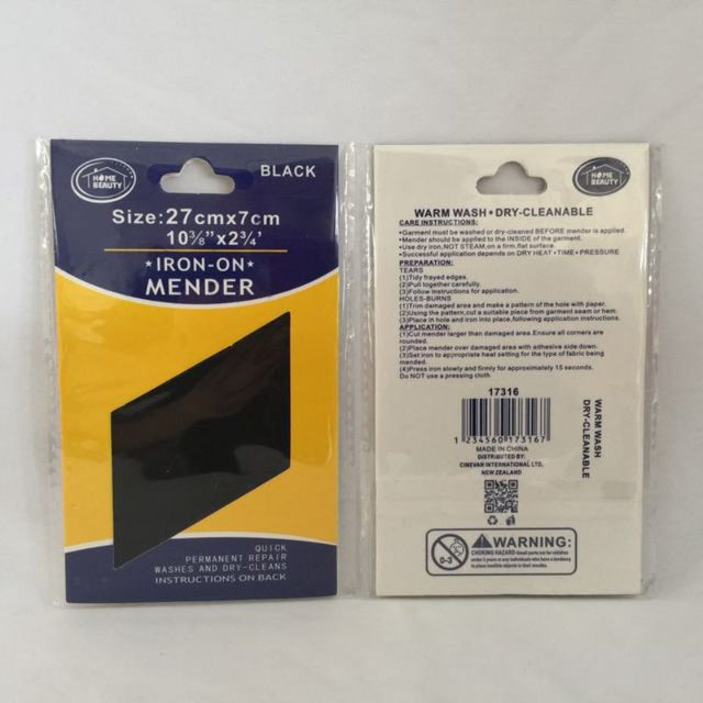 Black iron-on mender patches, 27 x 7cm, sold in packs of 12 for quick fabric repairs.