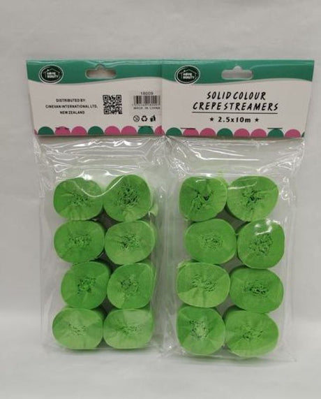 Green crepe streamers, 2.5 x 10m, sold in packs of 12 for festive decorations and celebrations.