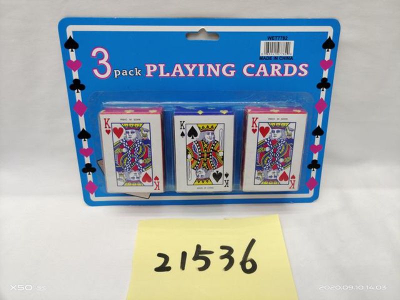 Three packs of durable playing cards, ideal for various games, perfect for gatherings and easy to shuffle.