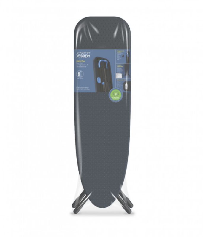 Joseph Joseph Glide Plus ironing board in Black/Blue features a compact design, adjustable height, and convenient storage options.