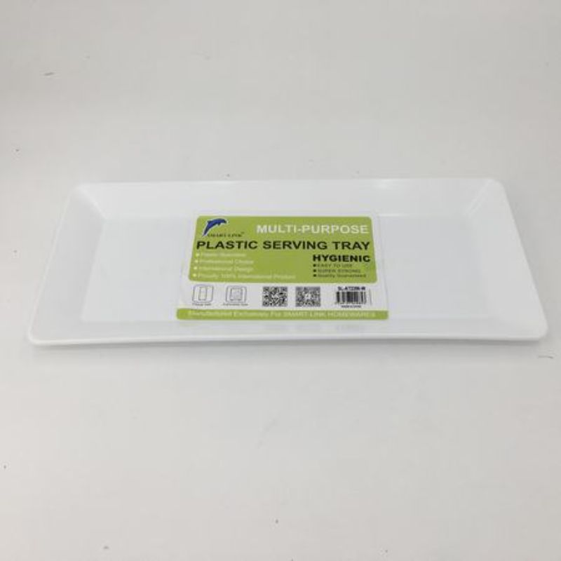 Set of 12 versatile plastic trays, each measuring 39.6 x 17.6 x 2.2CM, ideal for serving and organizing.