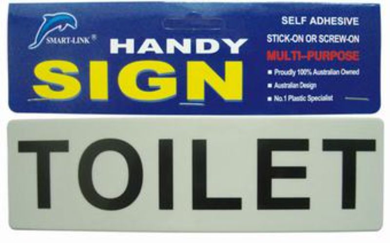 Set of 12 durable self-adhesive plastic toilet signs for easy restroom navigation in various settings.