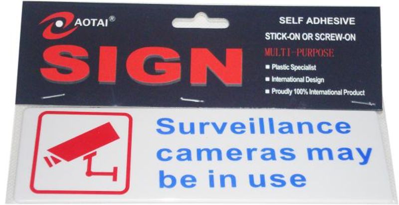 Plastic sign warning of surveillance cameras, self-adhesive, ideal for enhancing security in homes and businesses (set of 12).