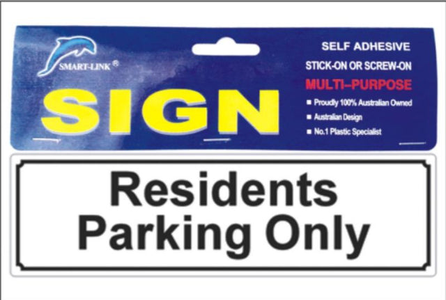 Set of 12 self-adhesive "Residents Parking Only" plastic signs for easy installation.