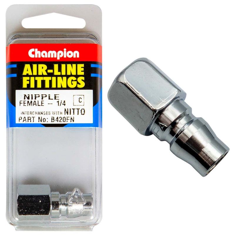 Champion 1/4in female air-line nipple for seamless air hose connections, designed for optimal performance and durability.