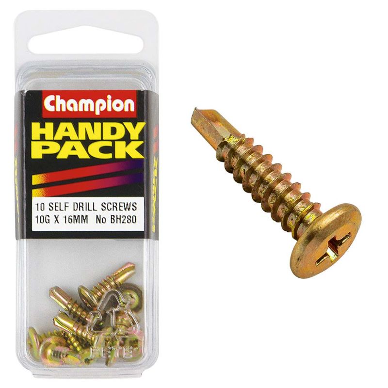 Champion 10G self-drilling screws, 16mm long, durable, corrosion-resistant for fast and reliable fastening in various materials.