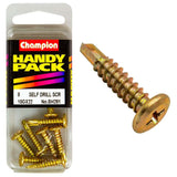 Pack of 8 Champion self-drilling screws, 10G x 16 x 22mm, designed for easy installation in wood, metal, and plastic.