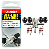 Champion Tyre Valve Care Pack with durable caps and tool for maintaining tyre valves and preventing air leakage.