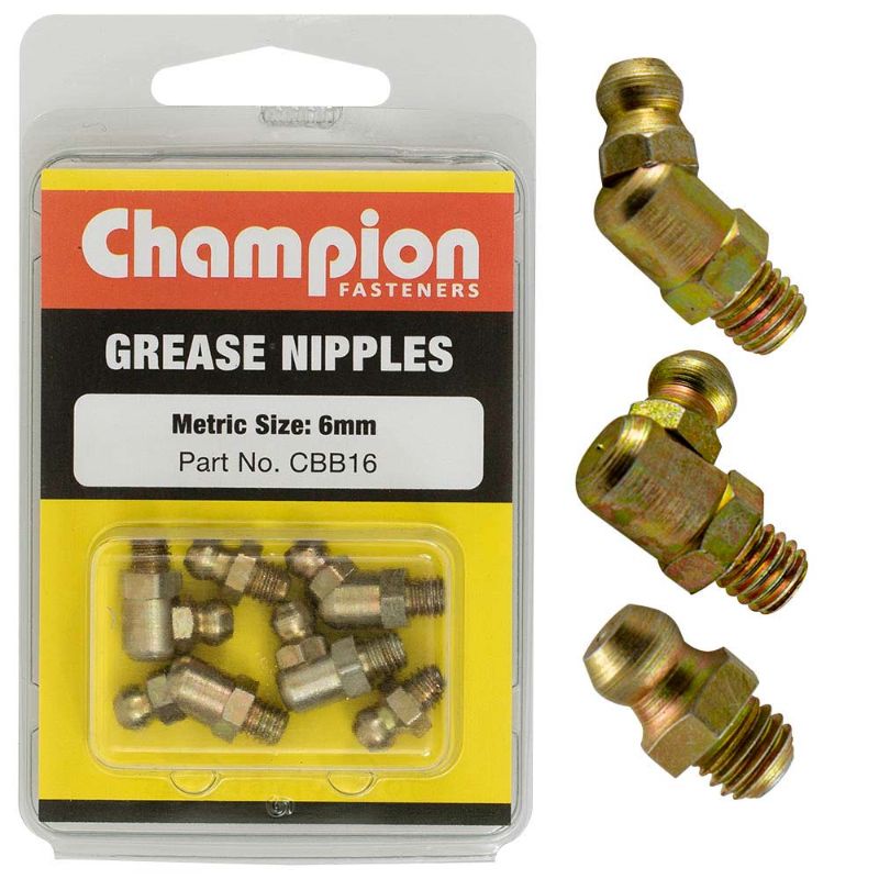 Assortment of six high-quality 6mm grease nipples for efficient lubrication and maintenance of machinery.