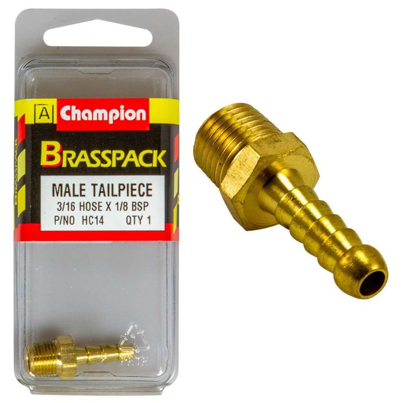 Brass male hose barb fitting, 3/16in x 1/8in, durable and leak-free for fluid transfer in various applications.