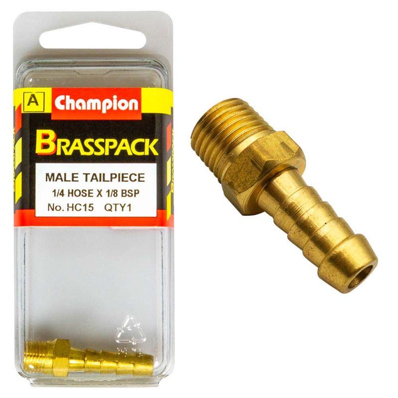 Champion Brass 1/4in x 1/8in Male Hose Barb fitting made of durable brass for secure, leak-proof hose connections.