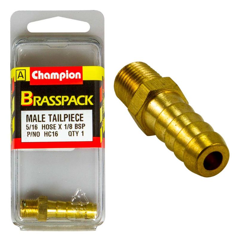 Durable Champion Brass 5/16in x 1/8in Male Hose Barb for leak-free plumbing and irrigation connections.