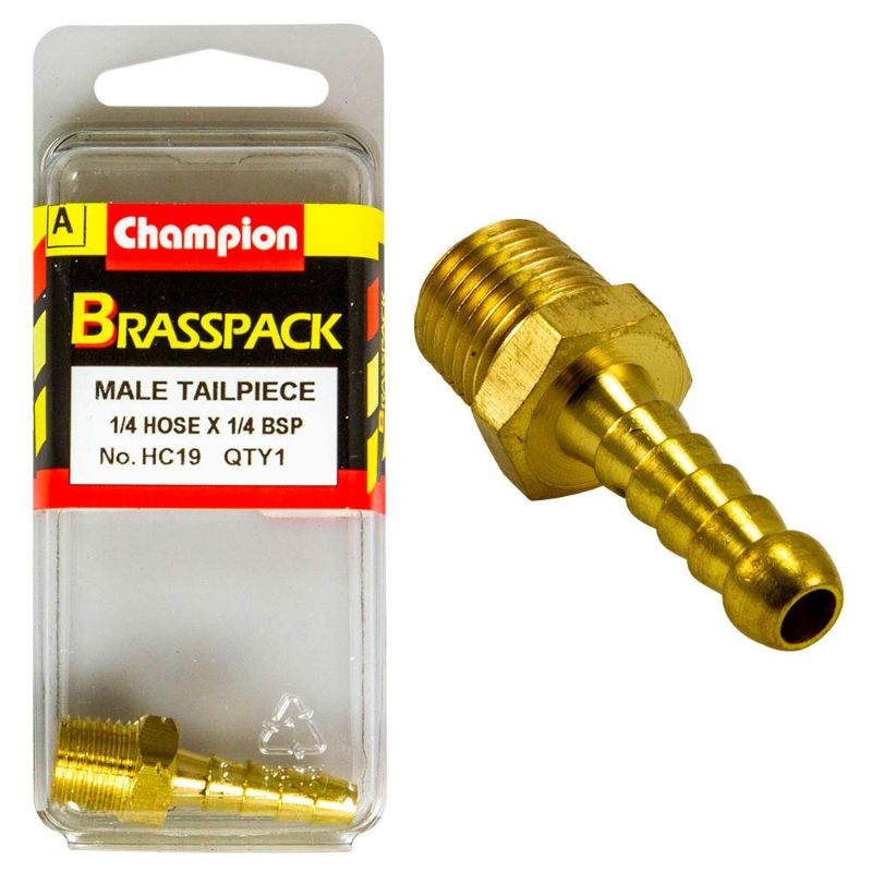 Champion Brass 1/4in x 1/4in Male Hose Barb ensures secure, leak-proof connections for various fluid transfer applications.