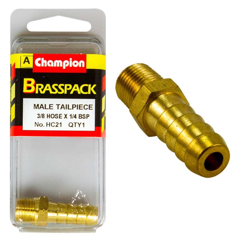 Champion Brass 3/8in x 1/4in BSP Male Hose Barb, a durable brass fitting for secure, leak-free hose connections in various applications.