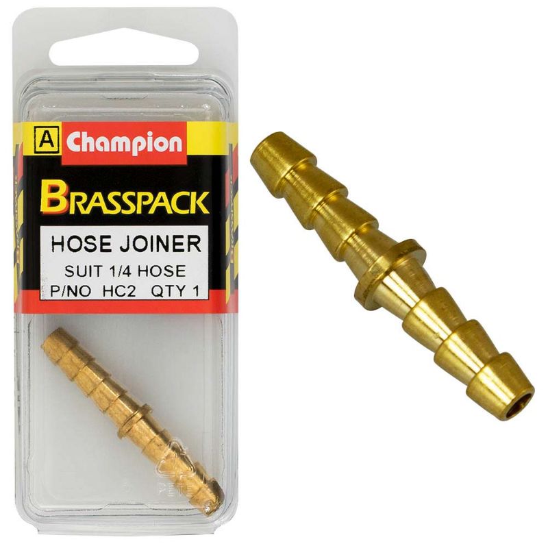 Champion Brass 1/4in Hose Joiner allowing secure, leak-free connections for 1/4 inch hoses, ideal for garden and outdoor use.