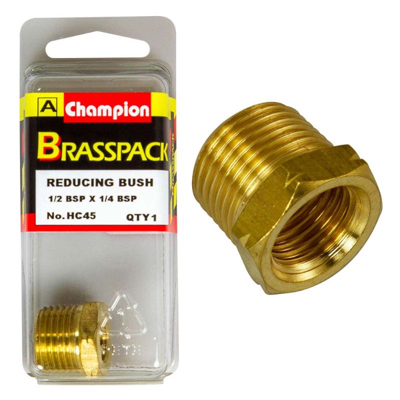 Champion Brass 1/2in - 1/4in Hex Reducing Bush for secure, leak-proof pipe transitions; durable, easy to use for various plumbing tasks.