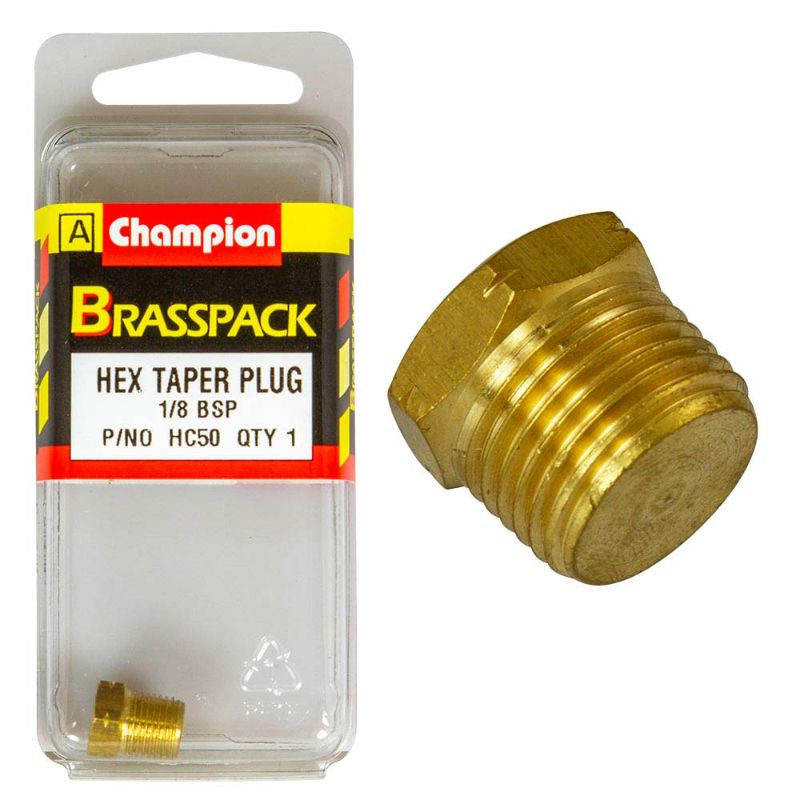 Champion Brass 1/8in BSP Hex Taper Plug for reliable plumbing with durable, corrosion-resistant construction and secure sealing.