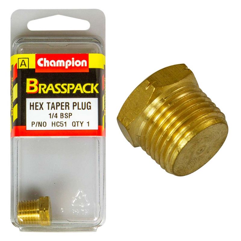 Champion Brass 1/4in BSP Hex Taper Plug, durable brass construction for leak-free sealing in various plumbing applications.