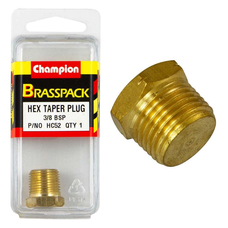 Champion Brass 3/8in BSP Hex Taper Plug for leak-proof plumbing, durable brass, easy to install with hexagonal design.