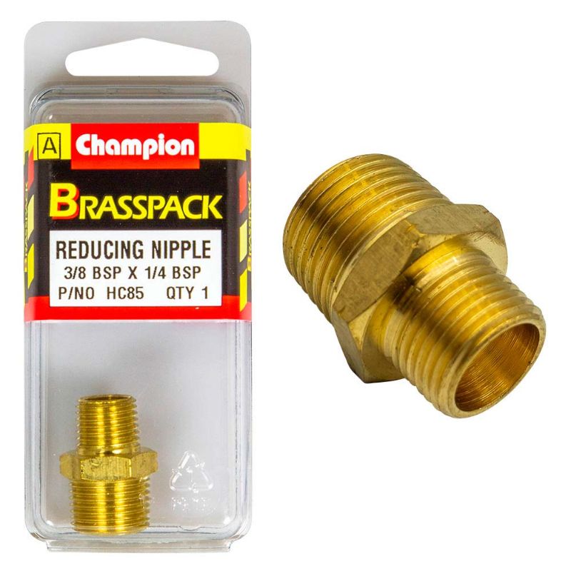 Champion Brass 3/8in x 1/4in BSP Reducing Nipple for durable, leak-free plumbing connections in various applications.